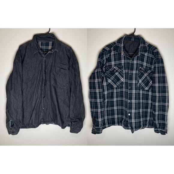 Reversible Black Denim Navy Blue Plaid Snap Closure Shacket Jacket - Picture 1 of 8